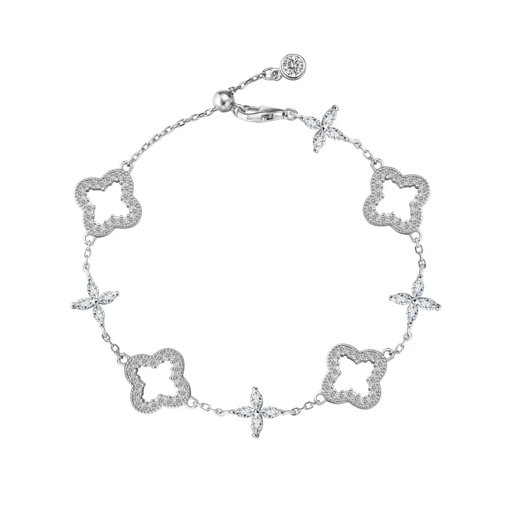 Silver Zircon Round Cut Hollow Inlaid Clover Charm Bracelet