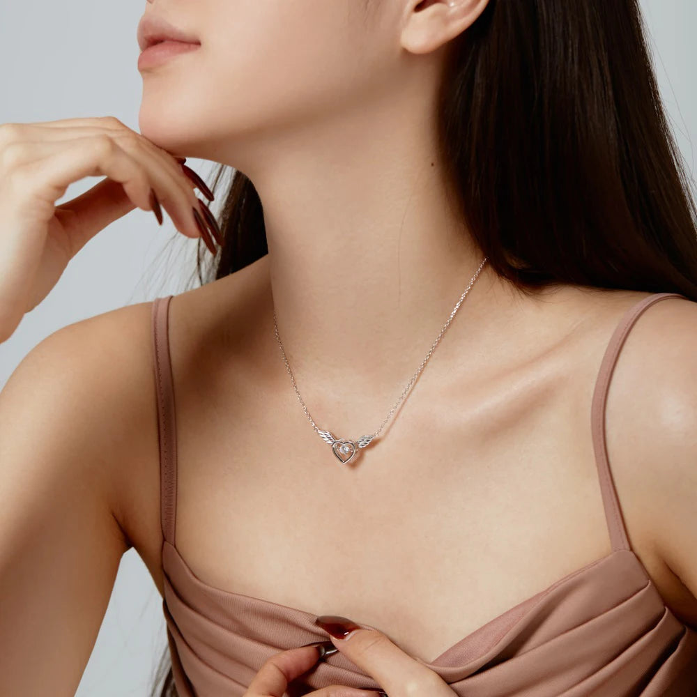 Silver Zircon Round Cut Heart Wings Bar Necklace