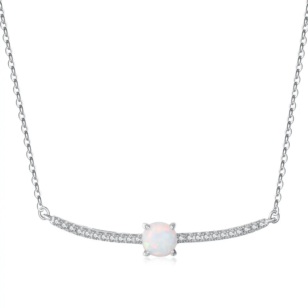 Silver Opal Round Cut Single Bar Necklace