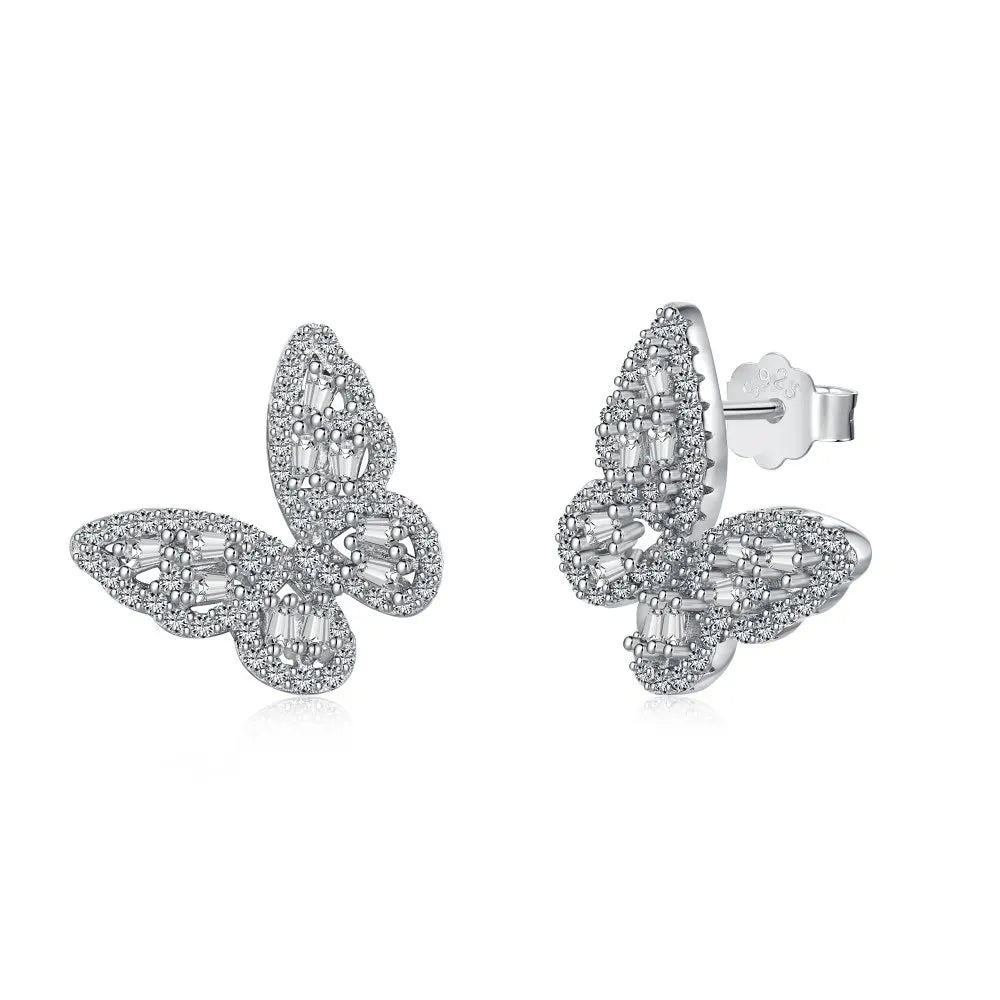 Silver Zircon Tapered Baguette Cut Inlaid Butterfly Ear Studs
