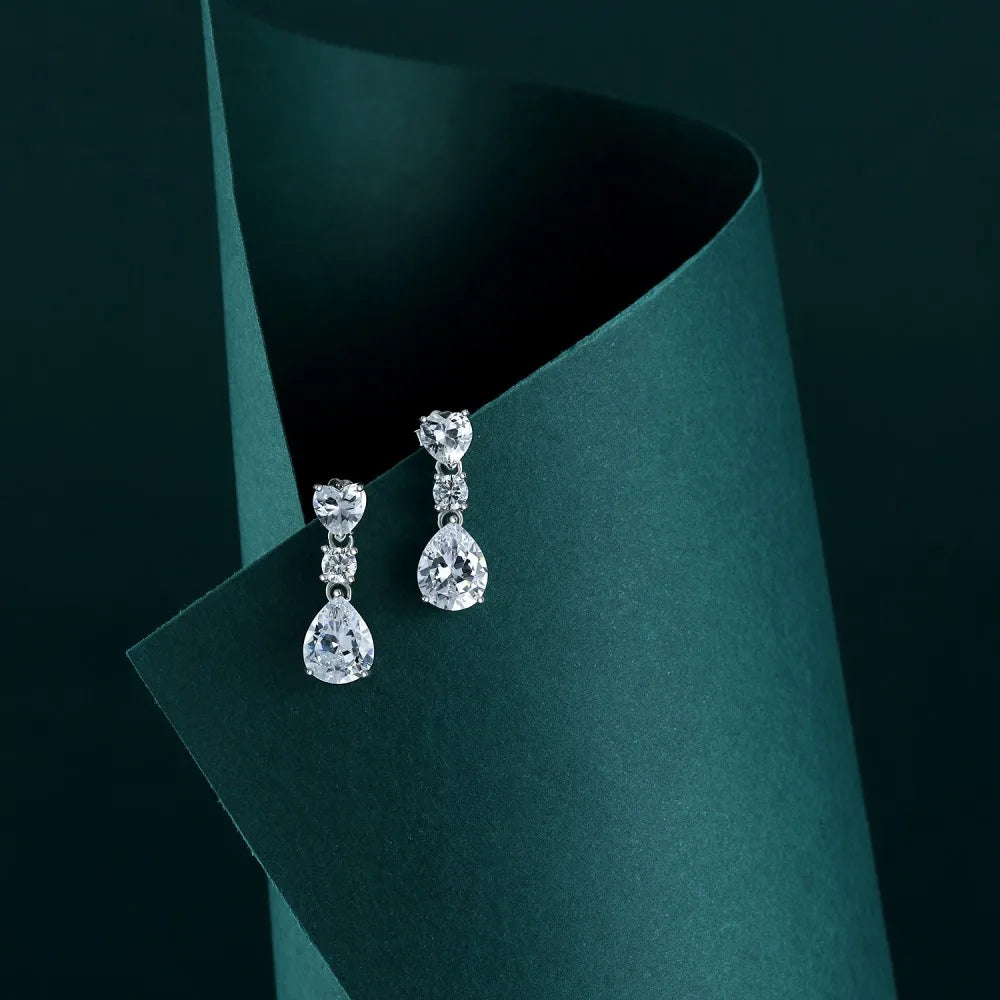 Silver Zircon Pear Cut Heart Drop Earrings