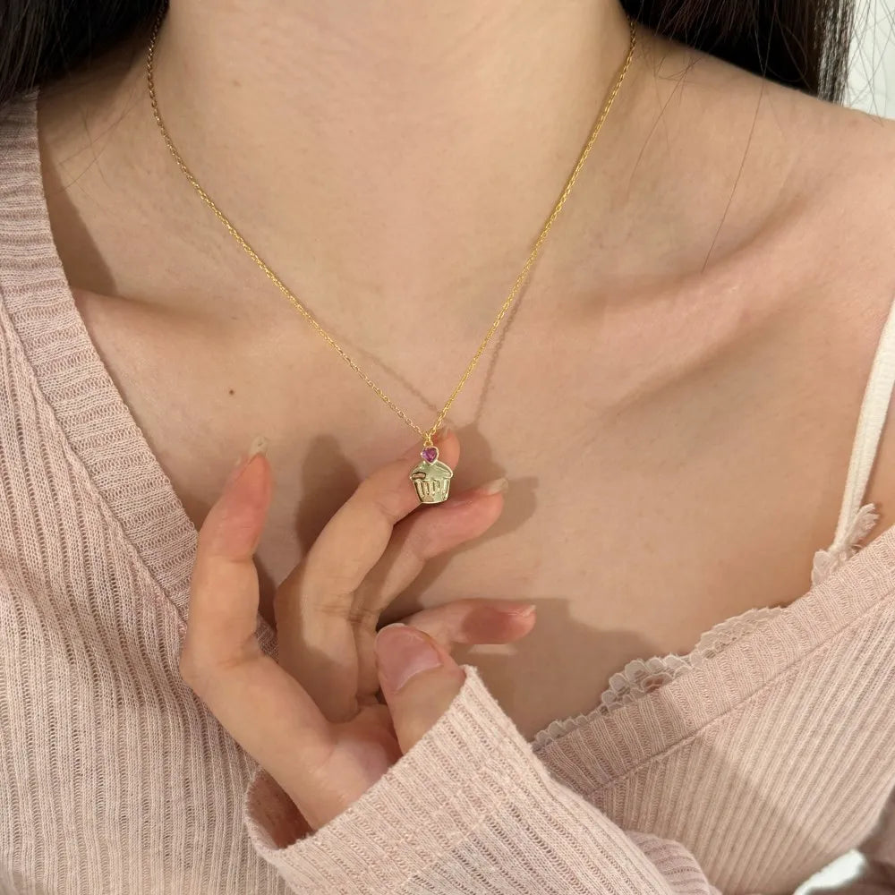 Silver Zircon Heart Cut Cupcake Pendant Necklace