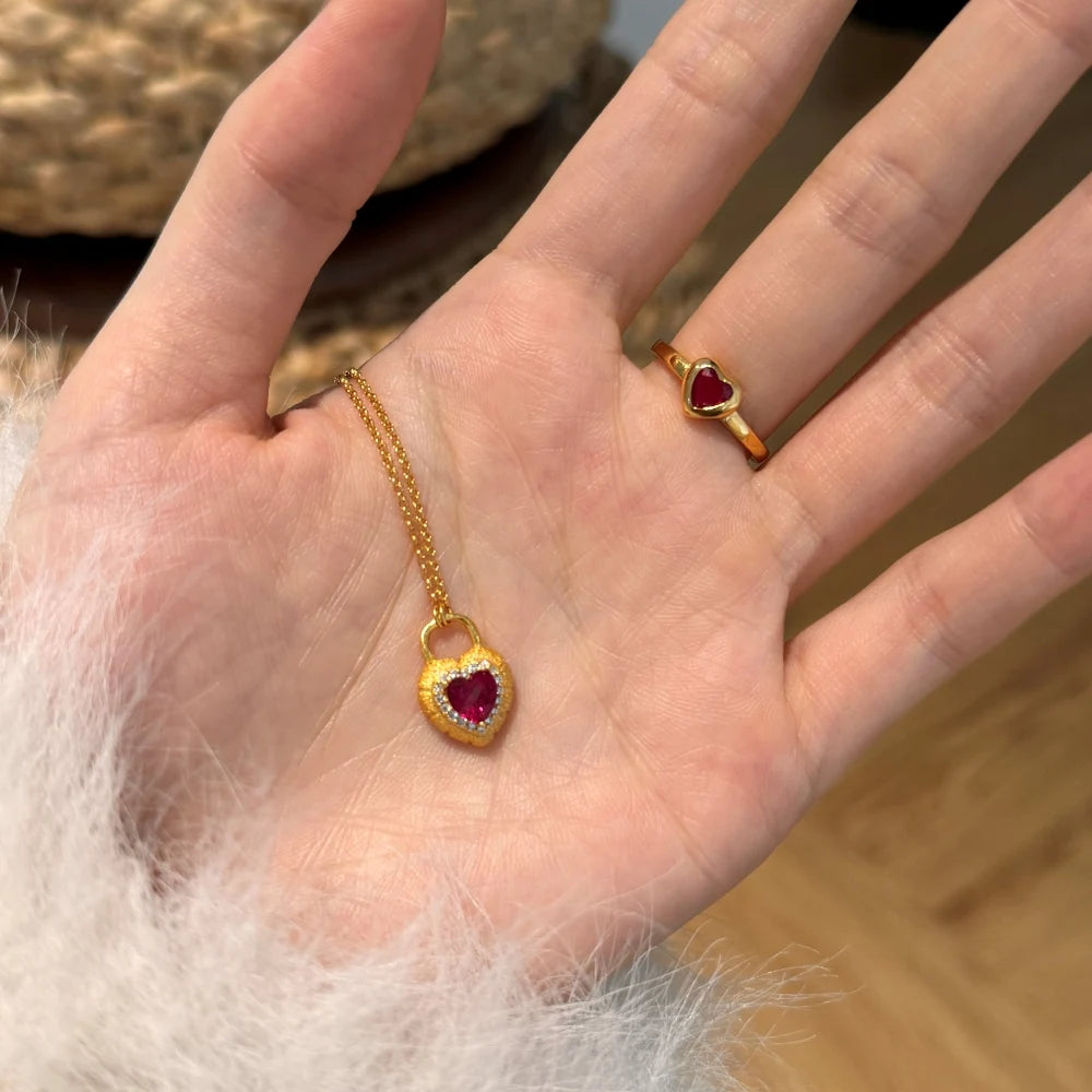 Silver Zircon Heart Cut Heart Lock Pendant Necklace