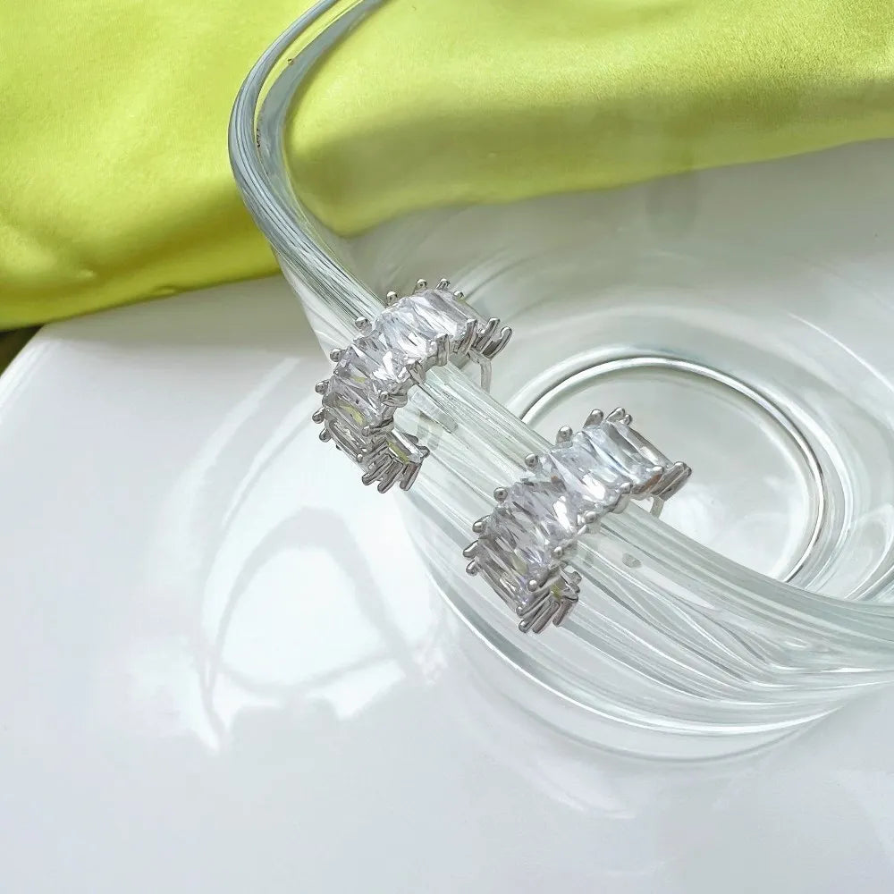 Silver Zircon Cushion Cut Chunky Inlaid Ear Hoops