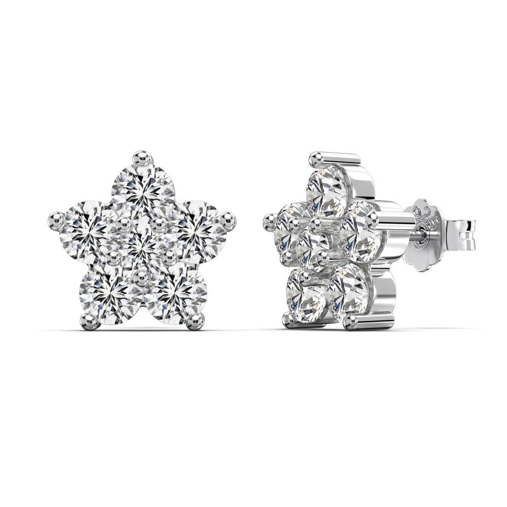 Silver Zircon Round Cut Iced Flower Ear Studs