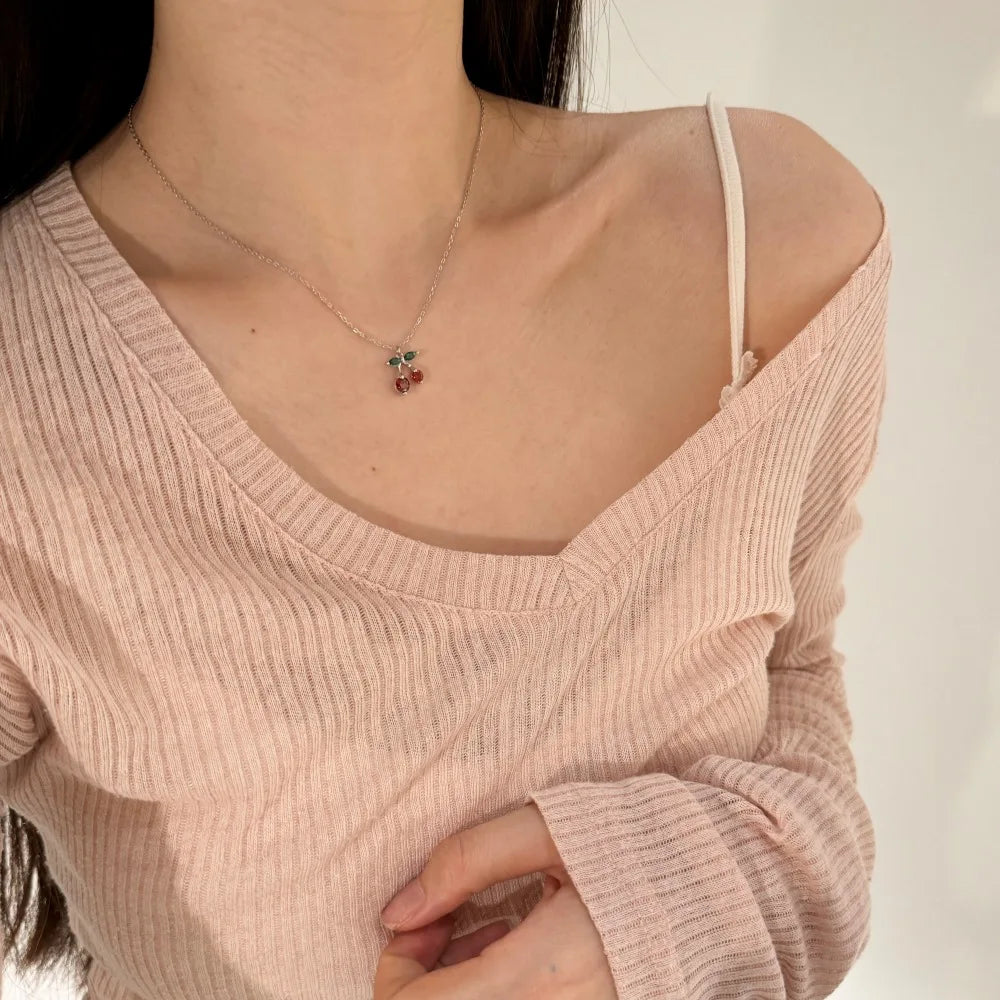 Silver Zircon Round Cut Cherry Pendant Necklace