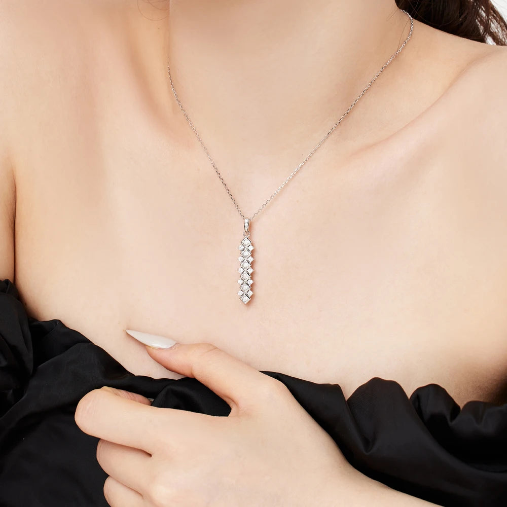 Silver Zircon Princess Cut Irregular Line Bar Necklace