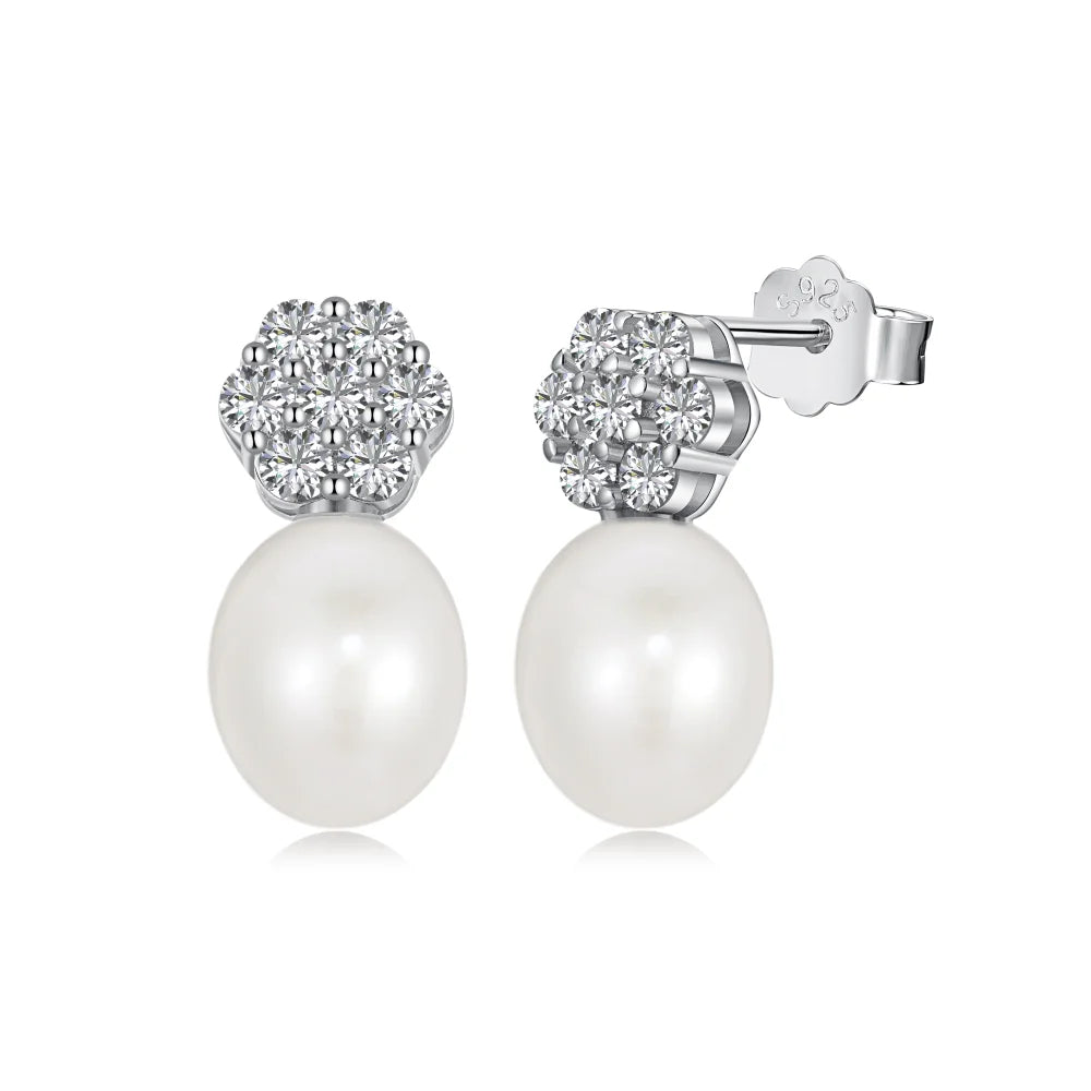 Silver Pearl Inlaid Hexagon Ear Studs