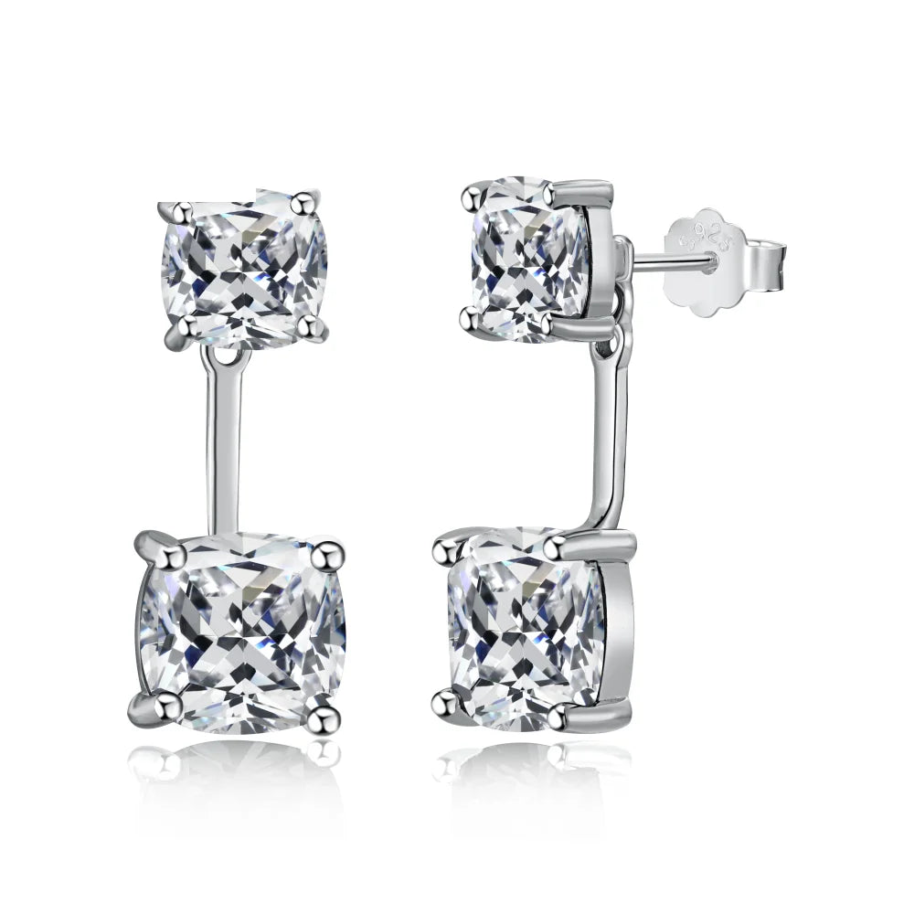 Silver Zircon Cushion Square Cut Stacked Ear Studs