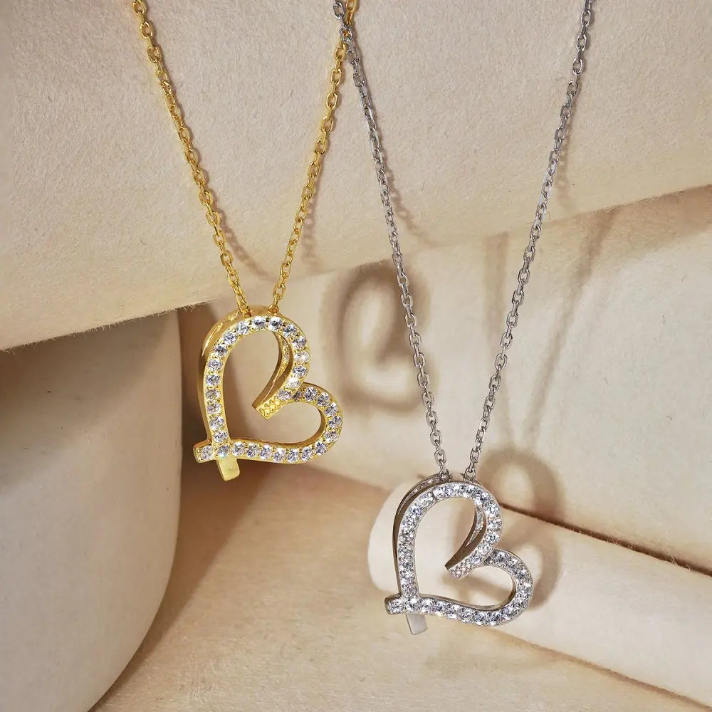 Silver Zircon Round Cut Inlaid Hollow Heart Pendant Necklace