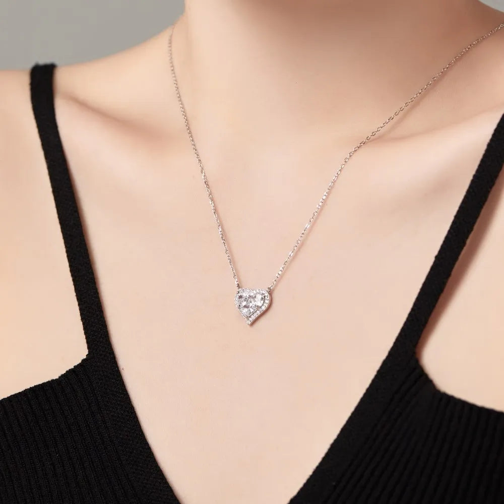 Silver Zircon Princess Cut Halo Heart Pendant Necklace