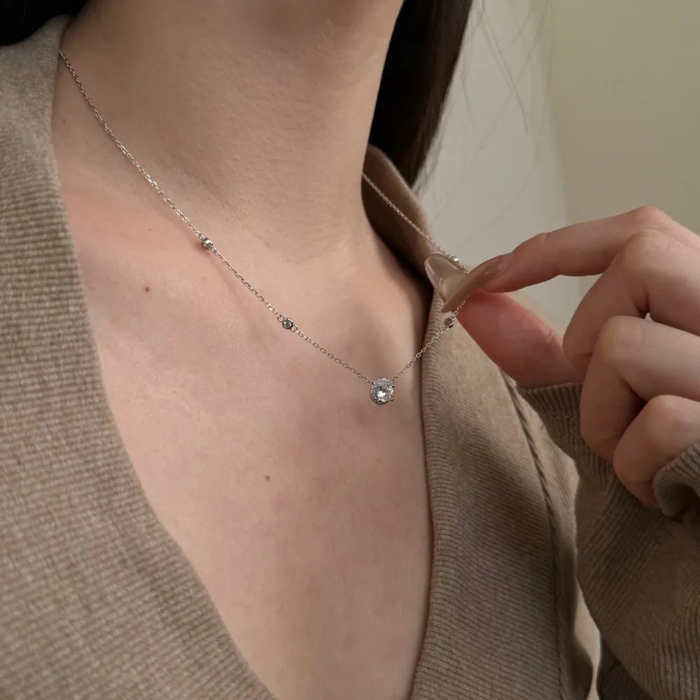 Silver Zircon Round Cut Halo Dots Pendant Necklace