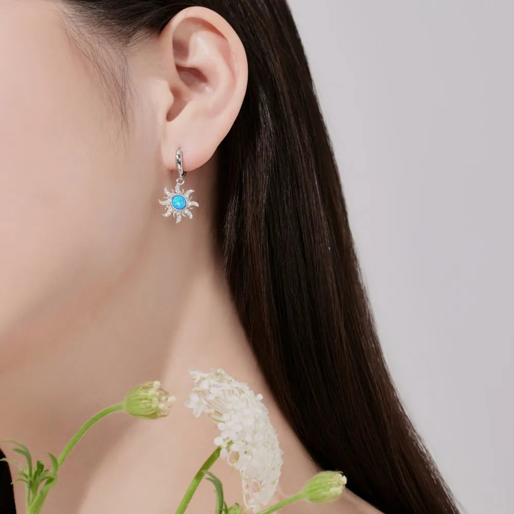 Silver Opal Round Cut Sunshine Huggie Earrings