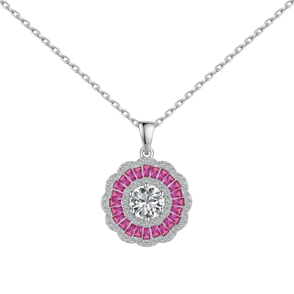 Silver Zircon Tapered Baguette Cut Halo Flower Pendant Necklace