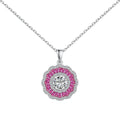 Silver Zircon Tapered Baguette Cut Halo Flower Pendant Necklace