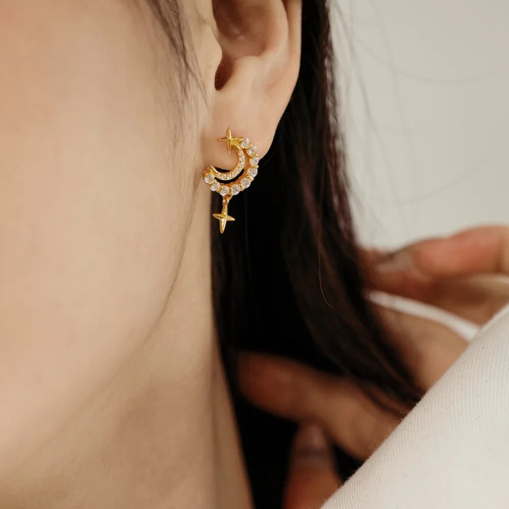 Silver Zircon Round Cut Moon Star Drop Earrings
