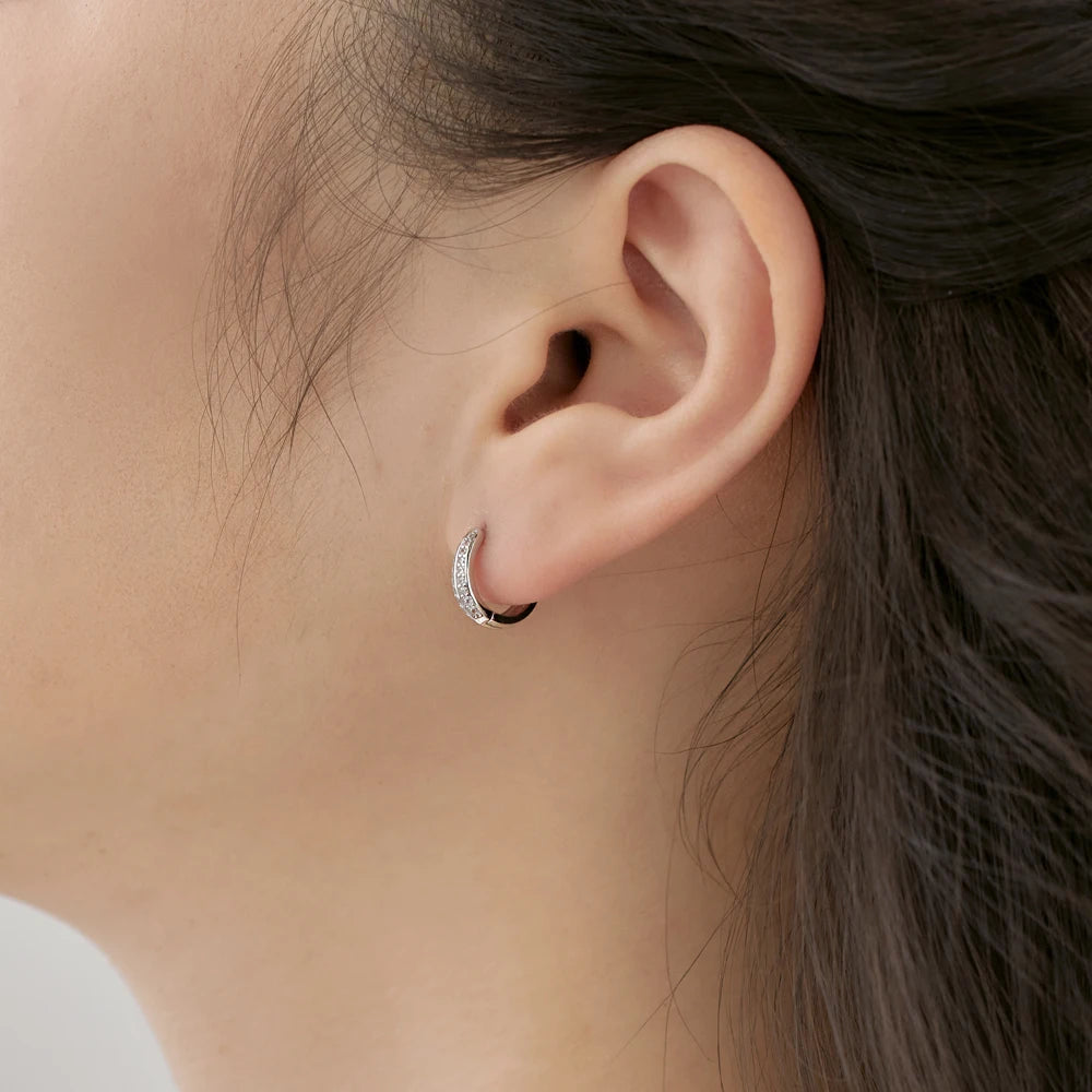 Silver Zircon Round Cut Iced Hoop Huggie Earrings