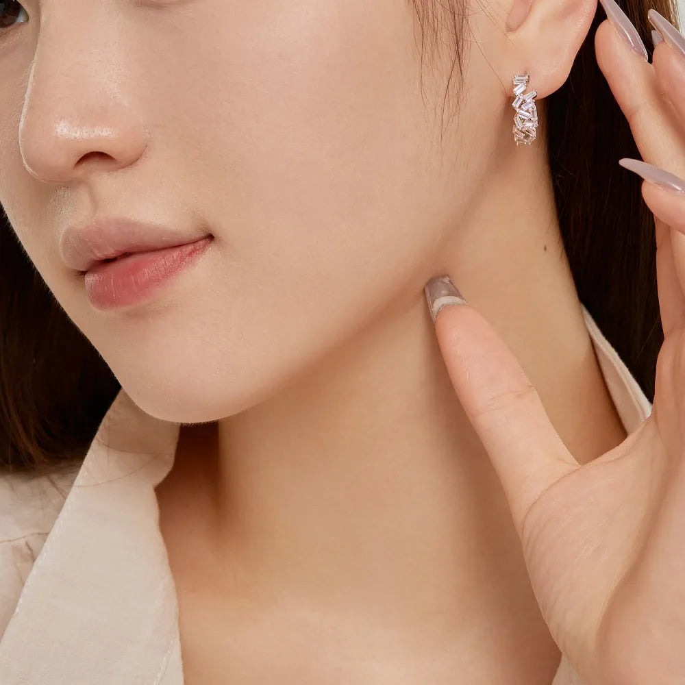 Silver Zircon Baguette Cut Irregular Ear Hoops