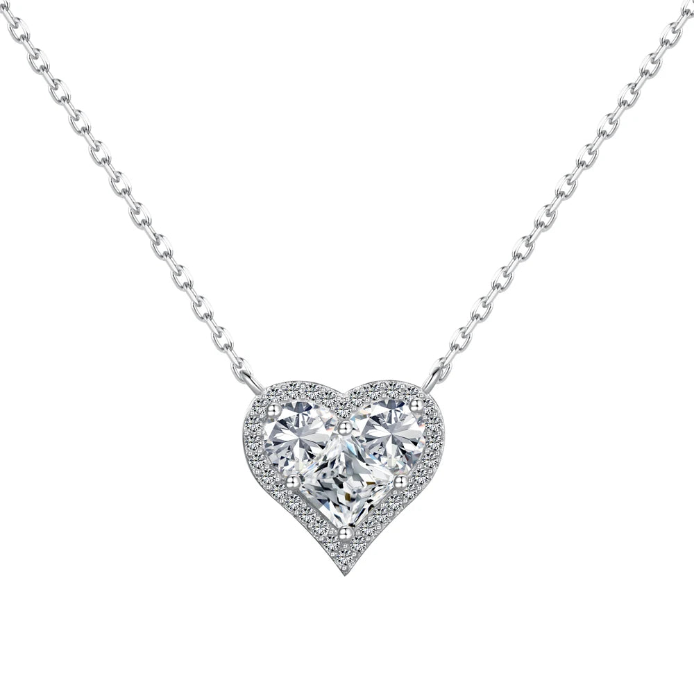 Silver Zircon Princess Cut Halo Heart Pendant Necklace