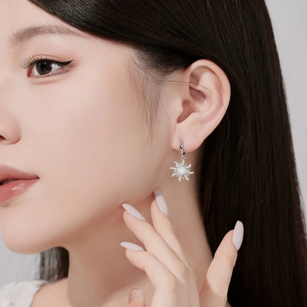 Silver Opal Round Cut Sunshine Huggie Earrings