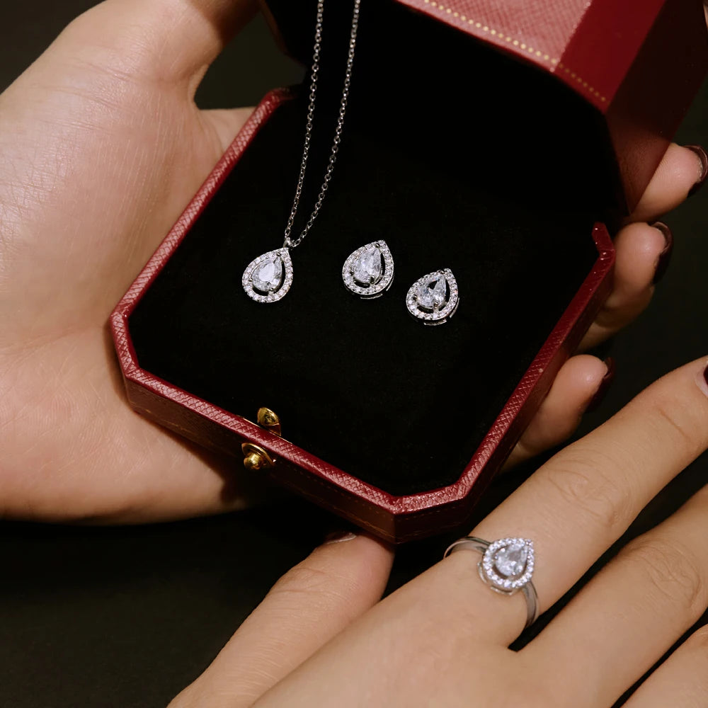 Silver Zircon Pear Cut Halo Water Drop Pendant Necklace