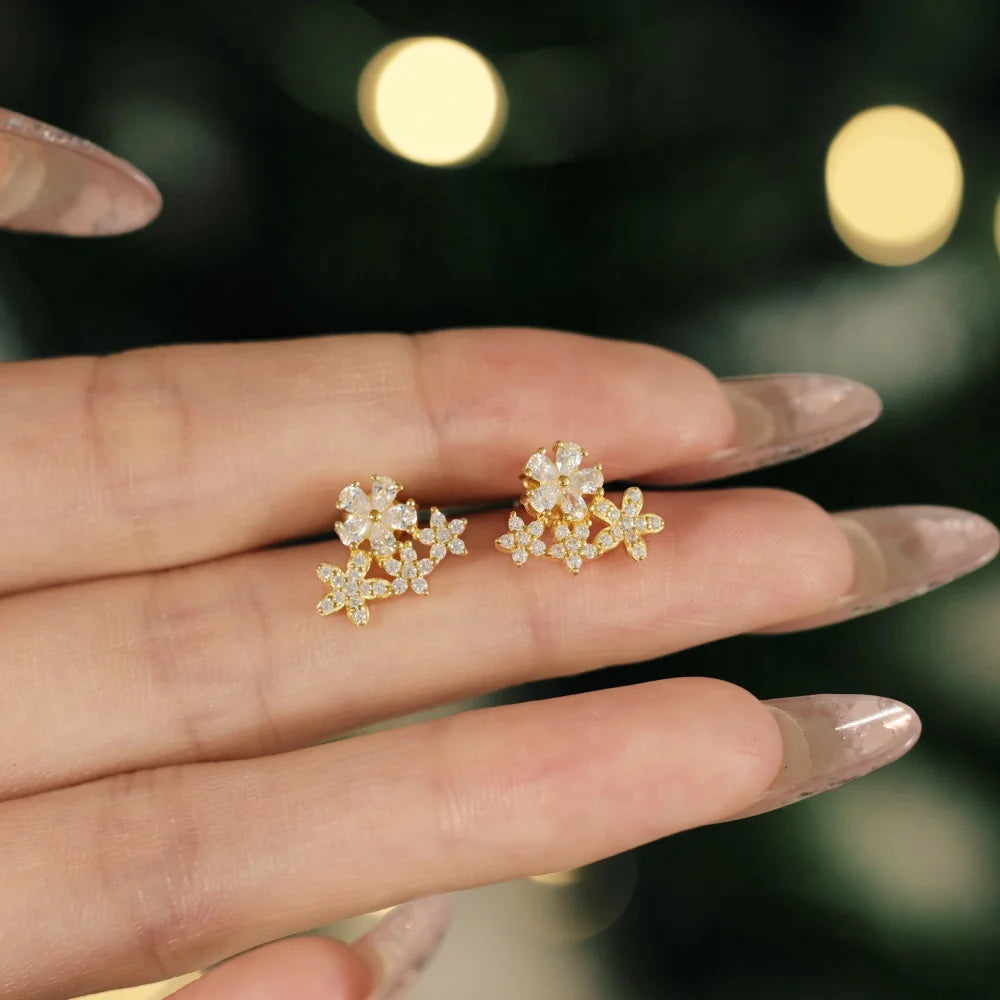 Silver Zircon Pear Cut Inlaid Flower Ear Studs