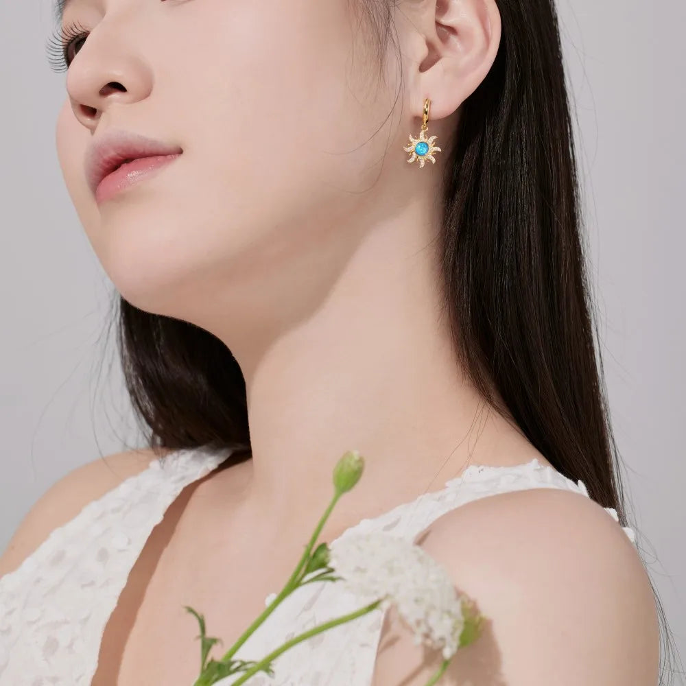 Silver Opal Round Cut Sunshine Huggie Earrings