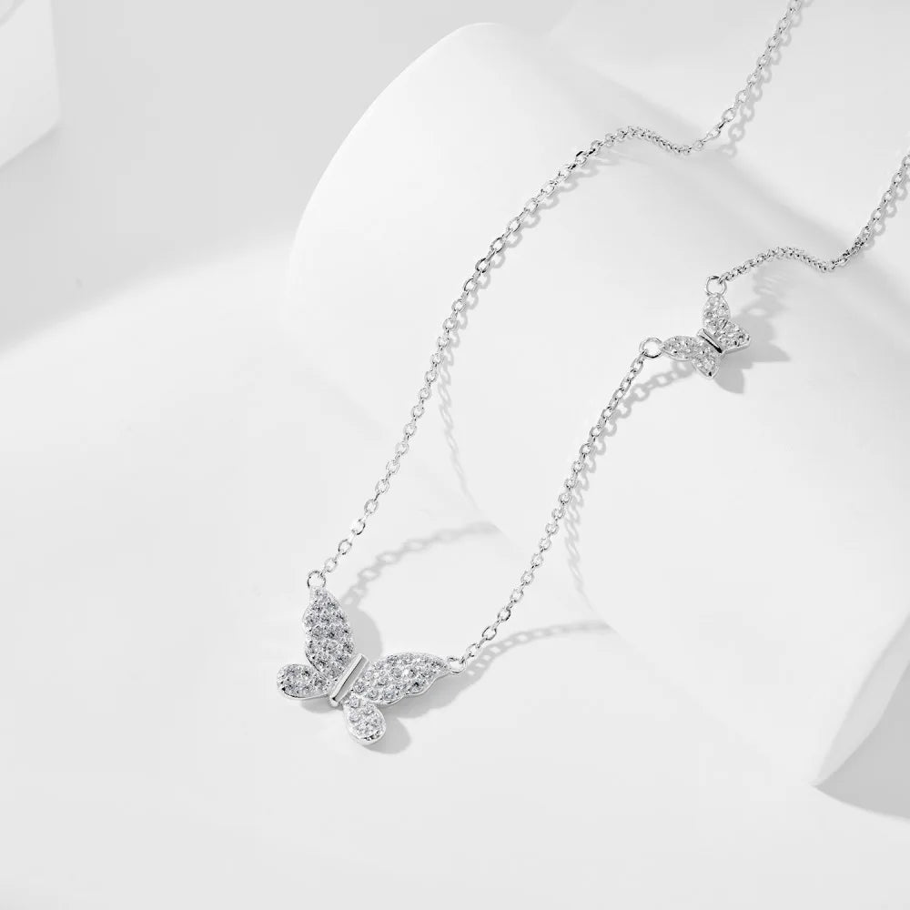 Silver Zircon Round Cut Butterfly Pendant Necklace