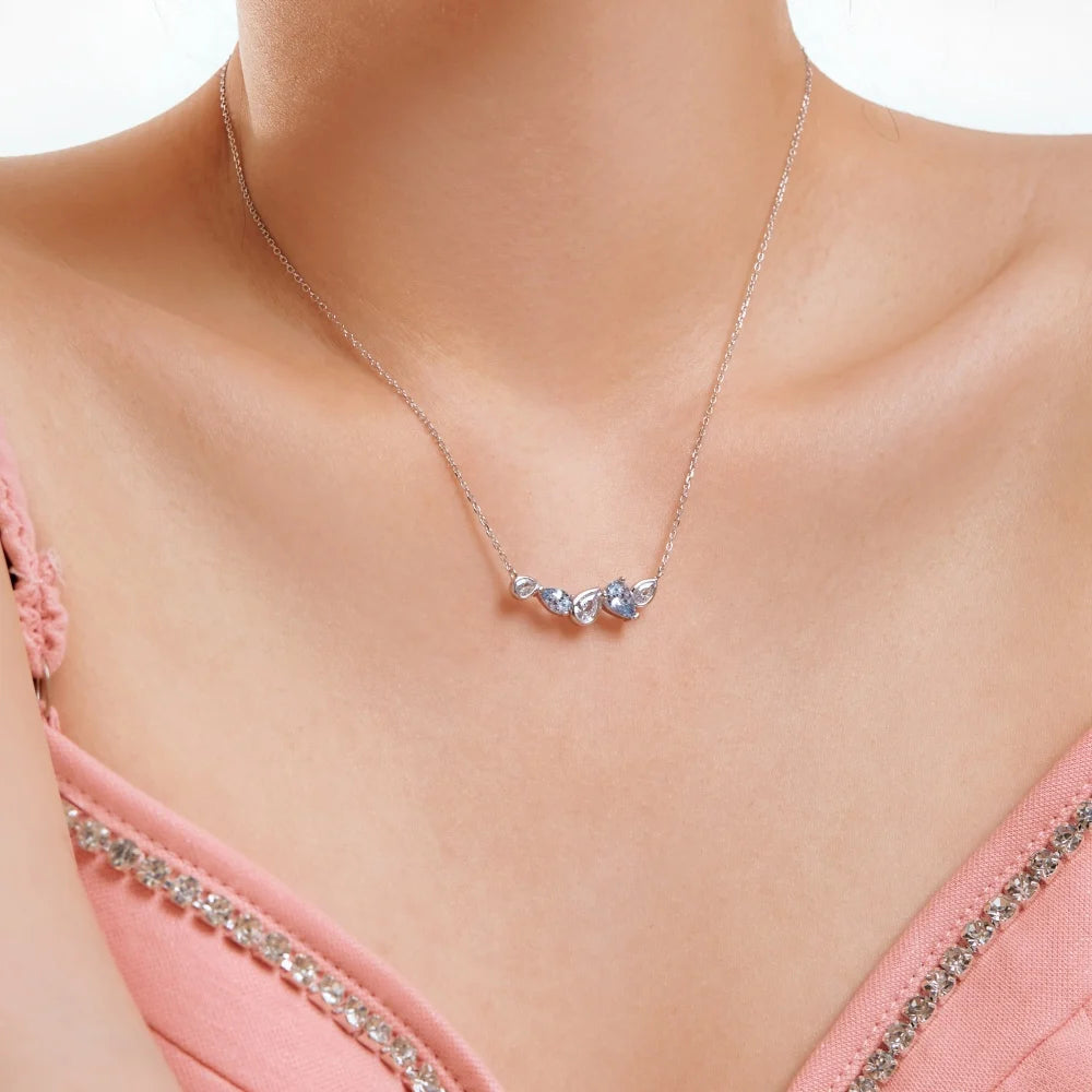 Silver Zircon Pear Cut Multi Shape Bar Necklace