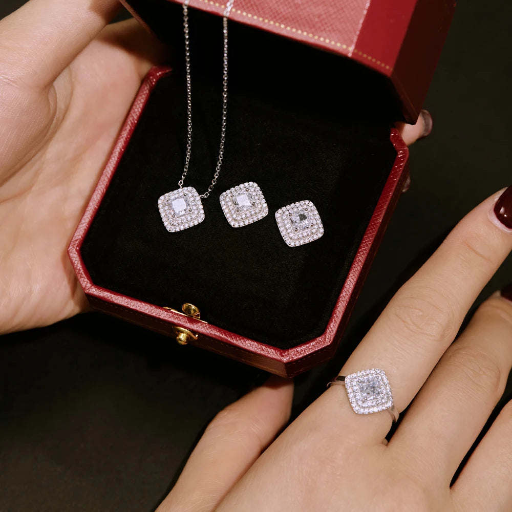 Silver Zircon Princess Cut Halo Pillow Ear Studs