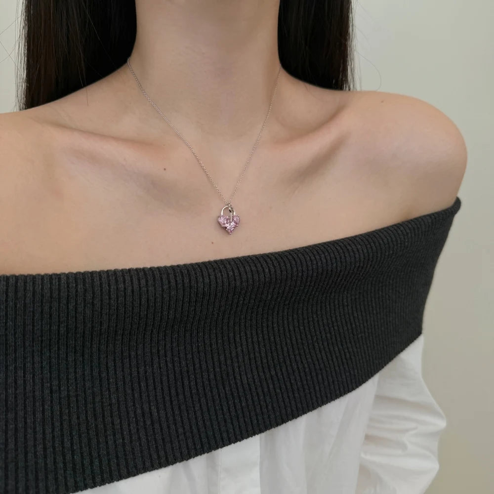 Silver Zircon Princess Cut Love Key Pendant Necklace