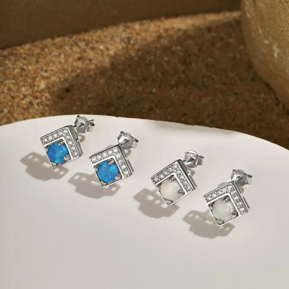 Silver Opal Round Cut Squared Ear Studs