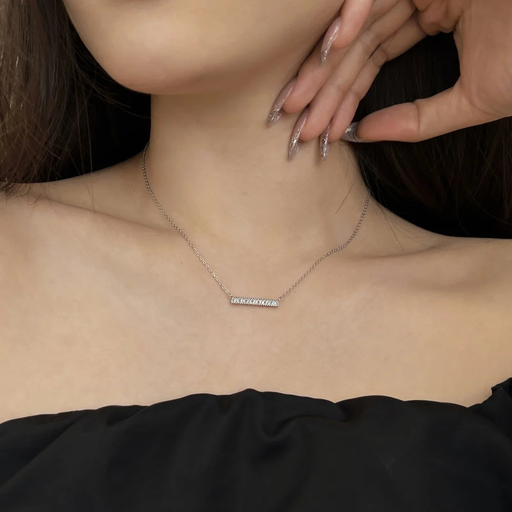 Silver Zircon Tapered Baguette Cut Multi Shape Bar Necklace
