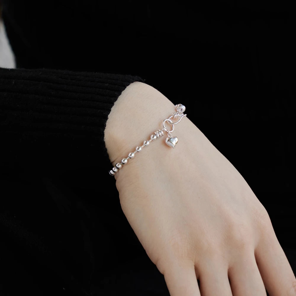 Silver Heart Bangle Beaded Bracelet