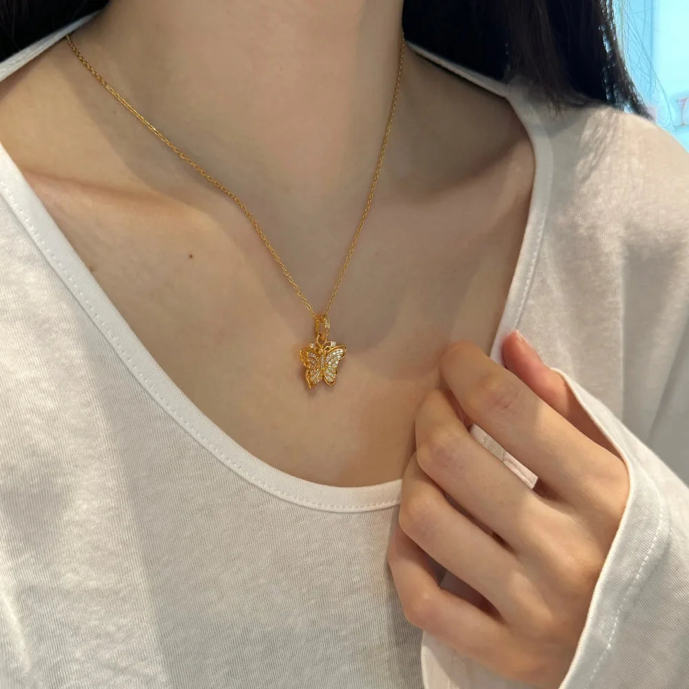 Silver Zircon Round Cut Iced Butterfly Pendant Necklace