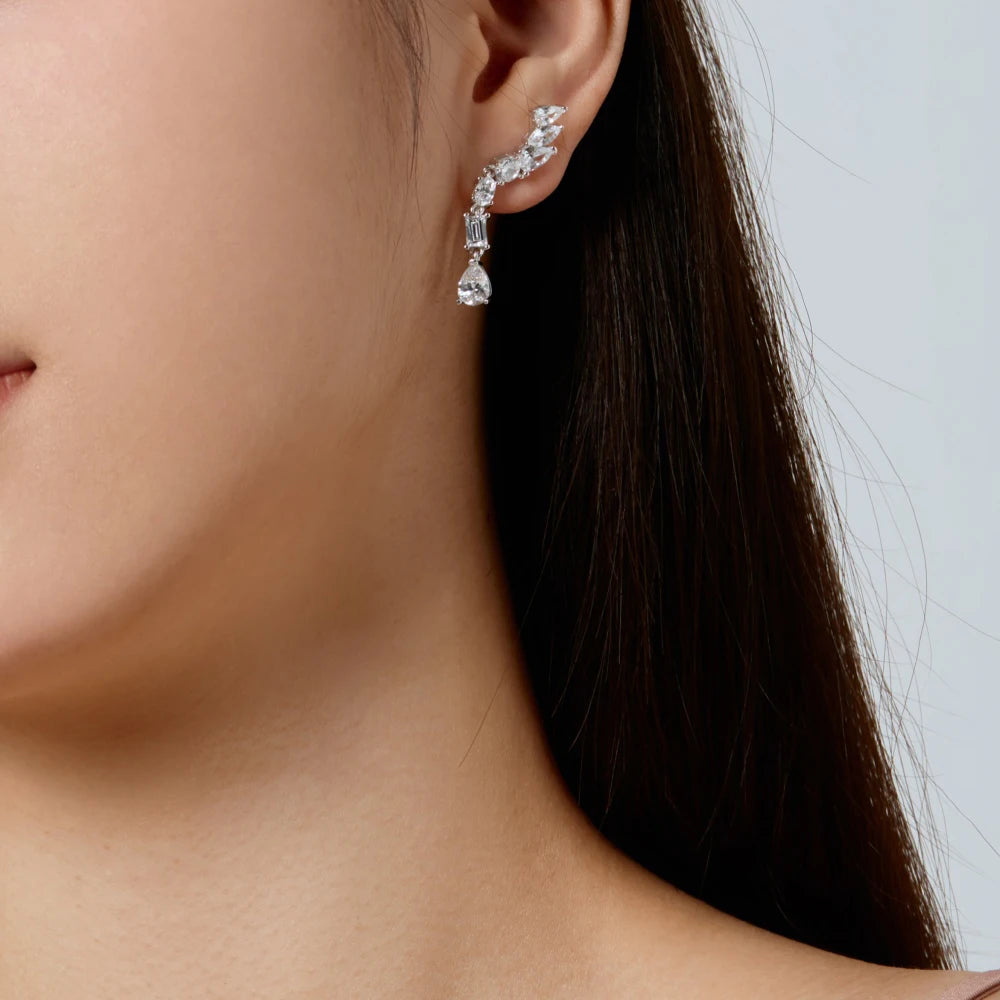 Silver Zircon Pear Cut Iced Tassel Tear Drop Earrings