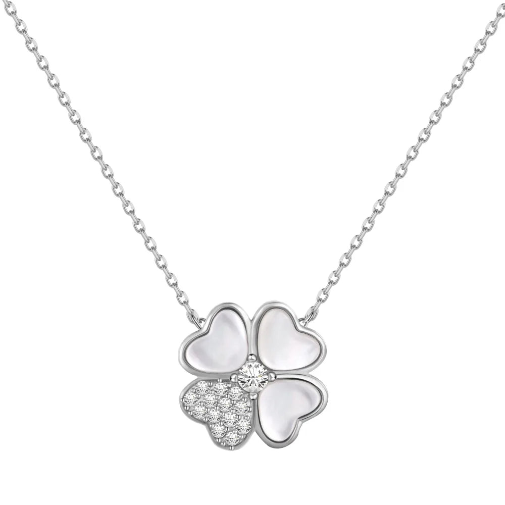 Silver Zircon Round Cut 4 Leaf Clover Pendant Necklace