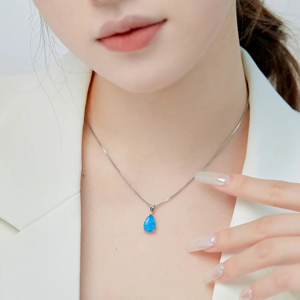 Silver Opal Pear Cut Water Drop Pendant Necklace