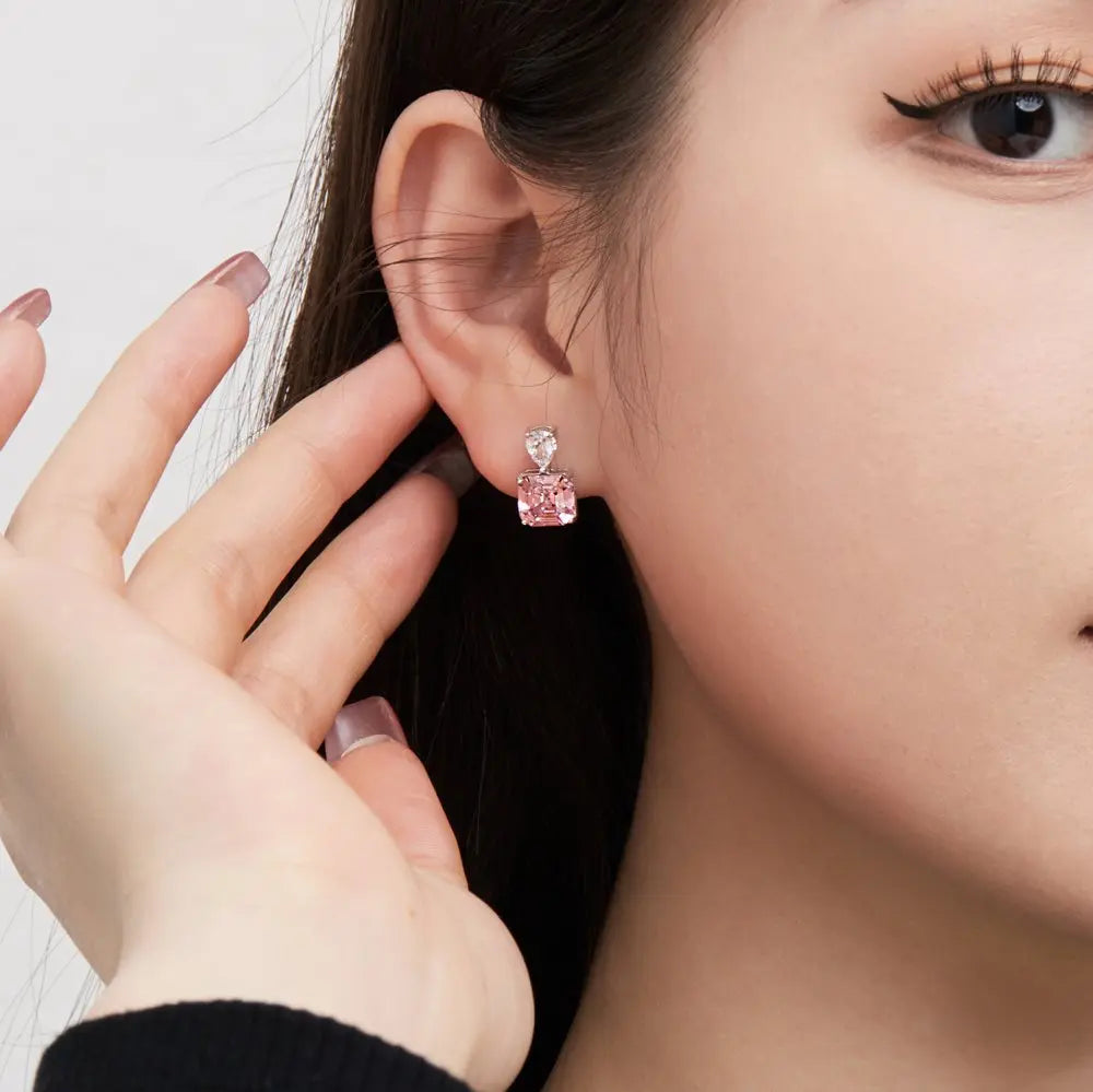 Silver Zircon Emerald Square Cut Squared Tear Ear Studs