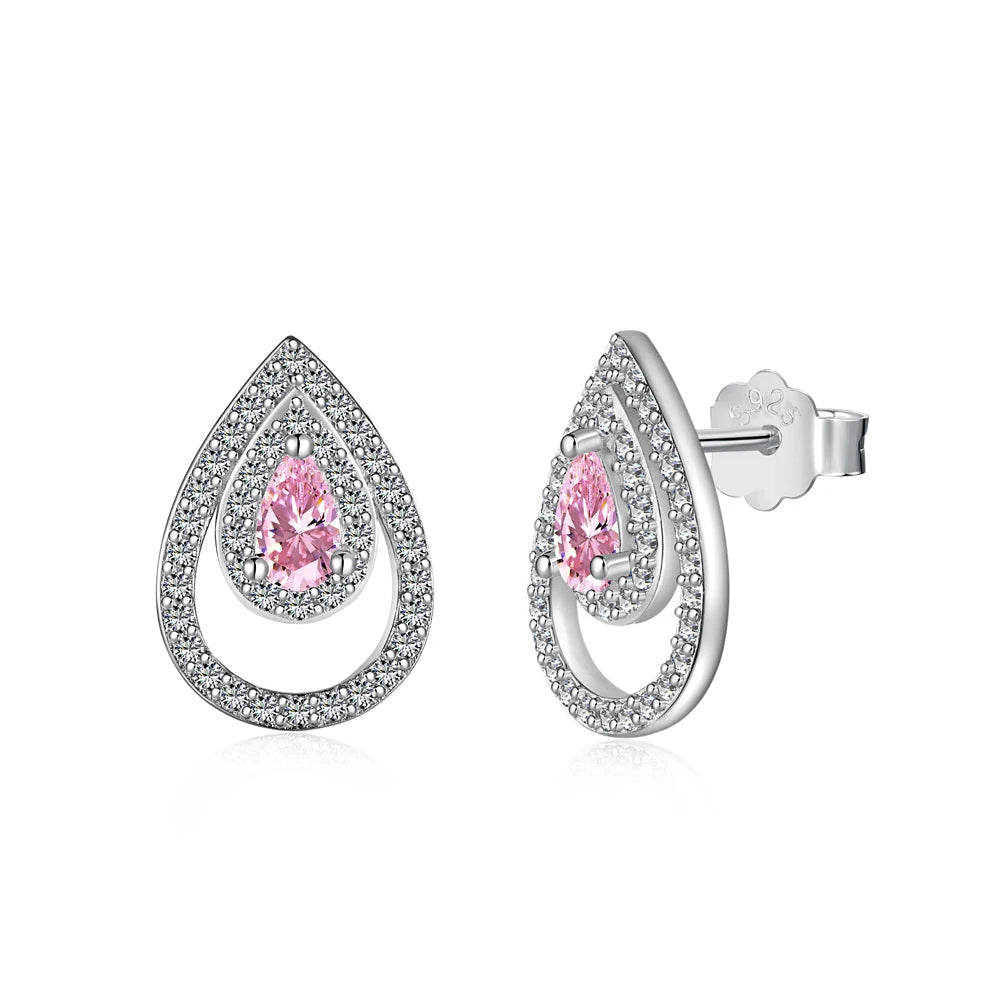 Silver Zircon Pear Cut Halo Tear Ear Studs
