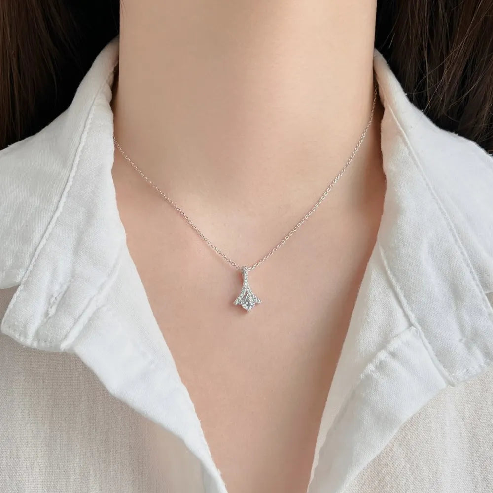 Silver Zircon Round Cut Looped Ribbon Pendant Necklace