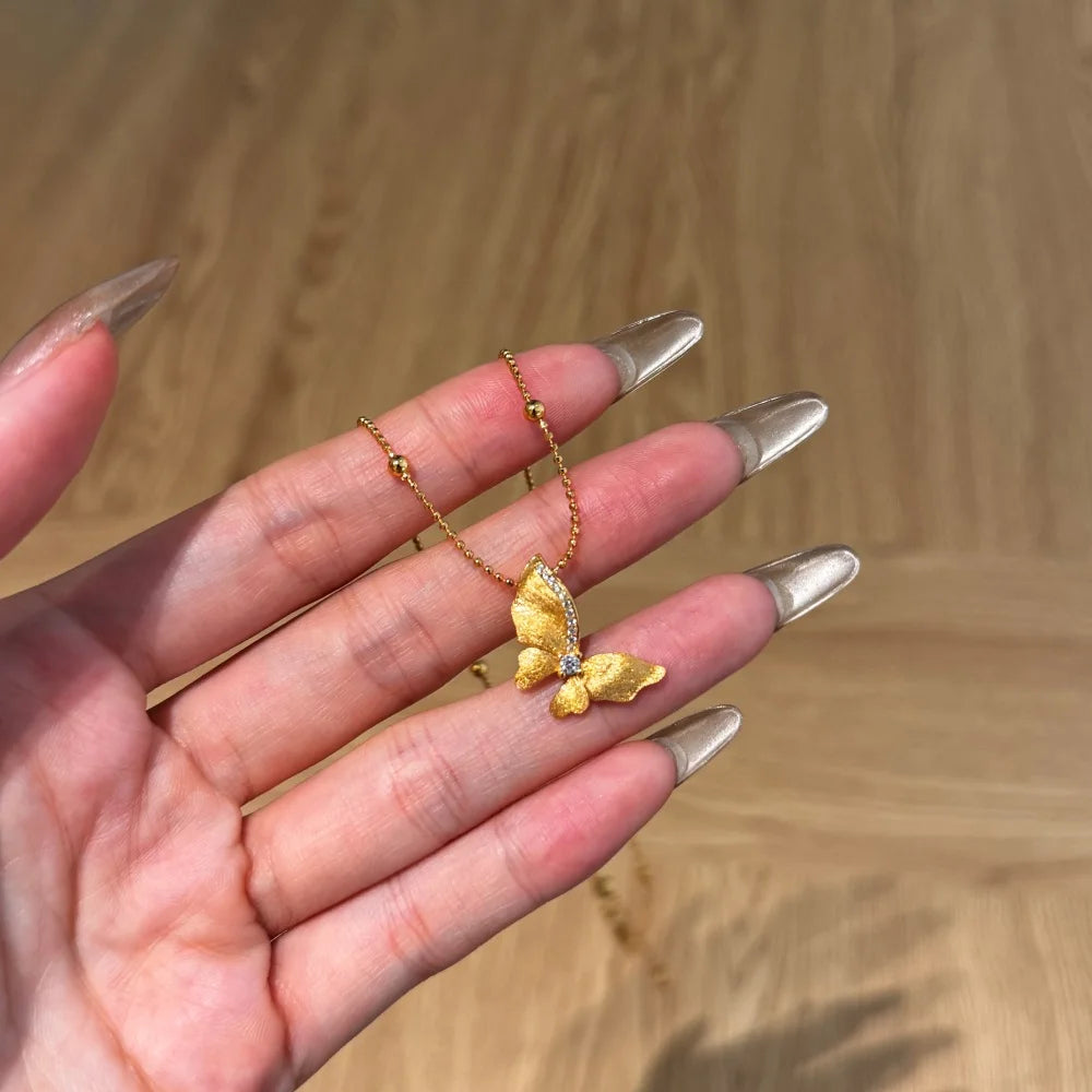 Silver Zircon Round Cut Butterfly Beaded Necklace