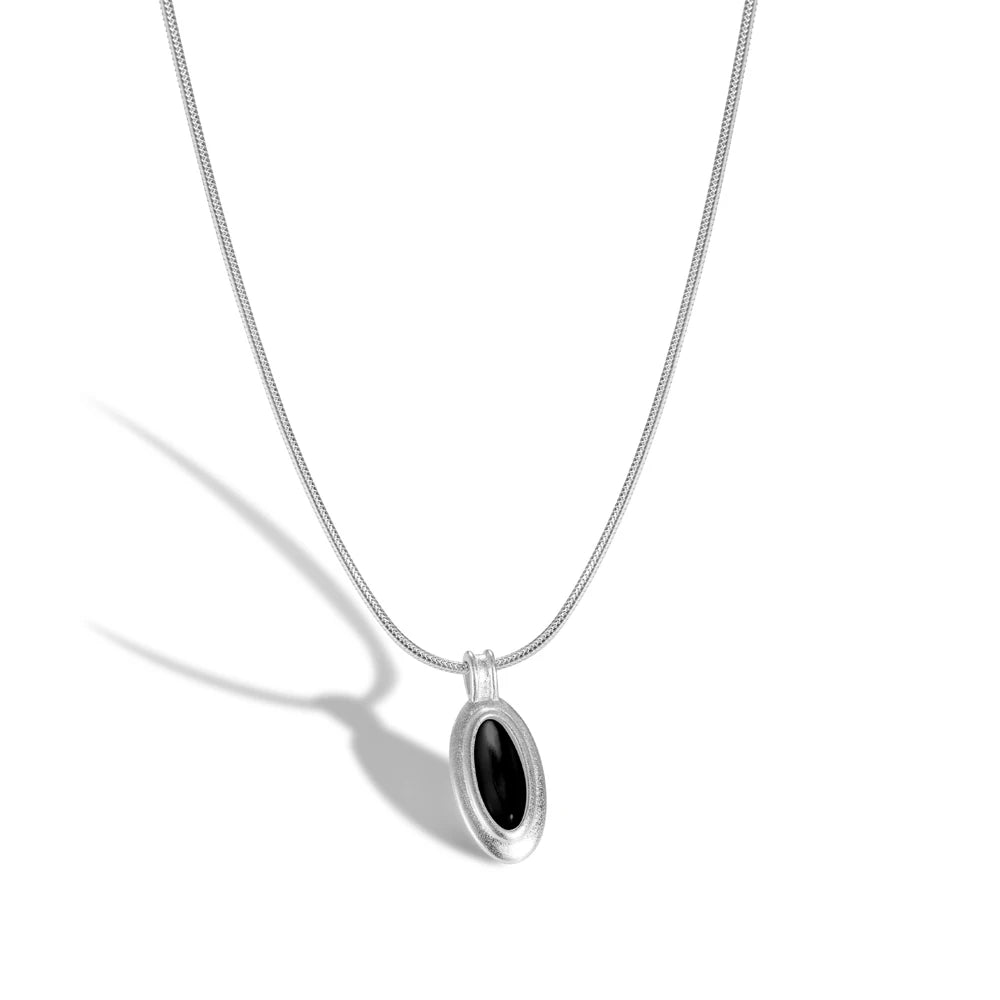 Silver Onyx Oval Cut Herringbone Pendant Necklace