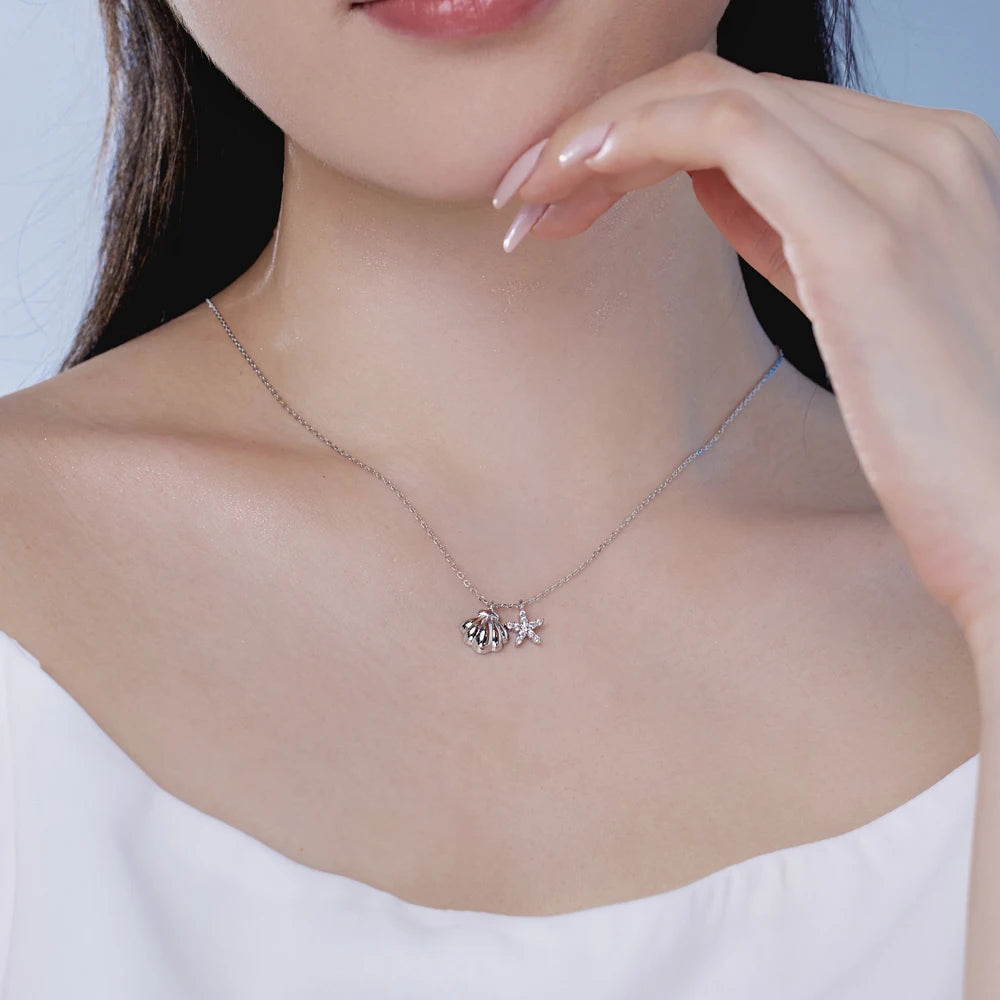 Silver Zircon Round Cut Shell Pendant Necklace