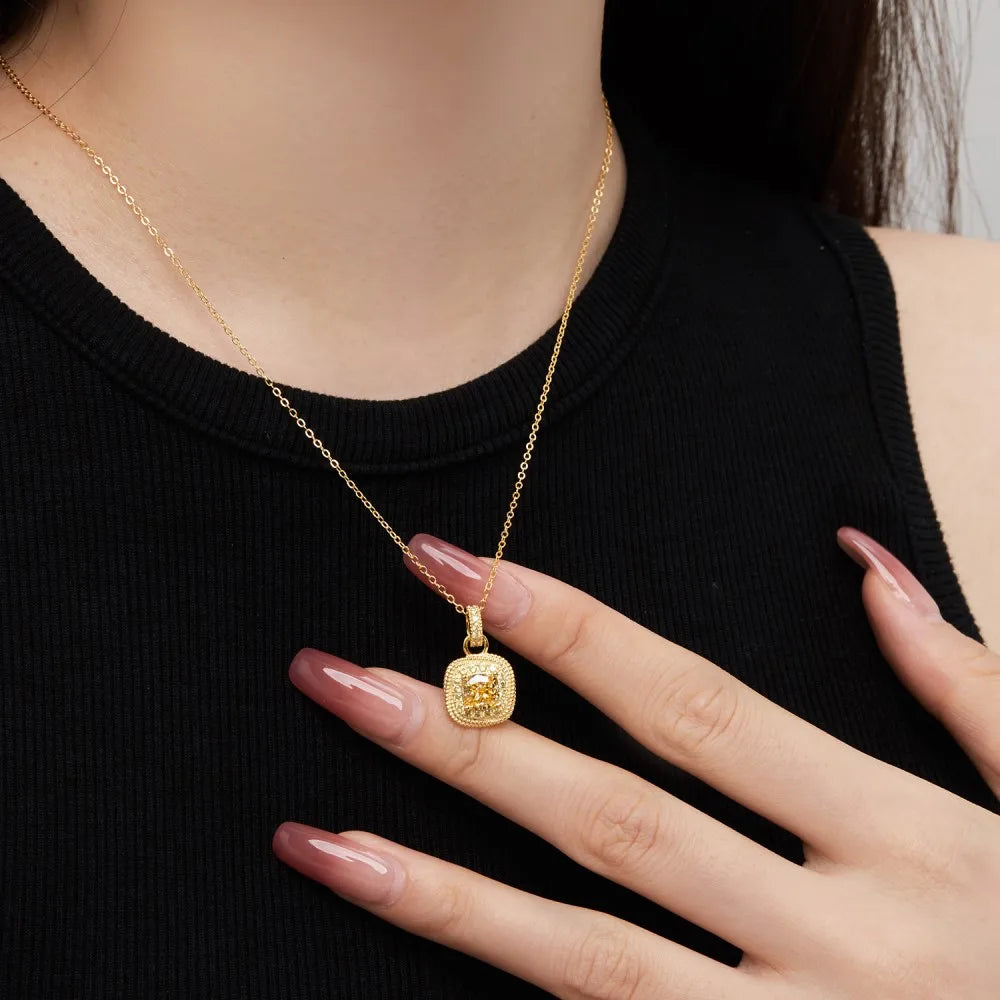 Silver Zircon Cushion Square Cut Halo Pendant Necklace