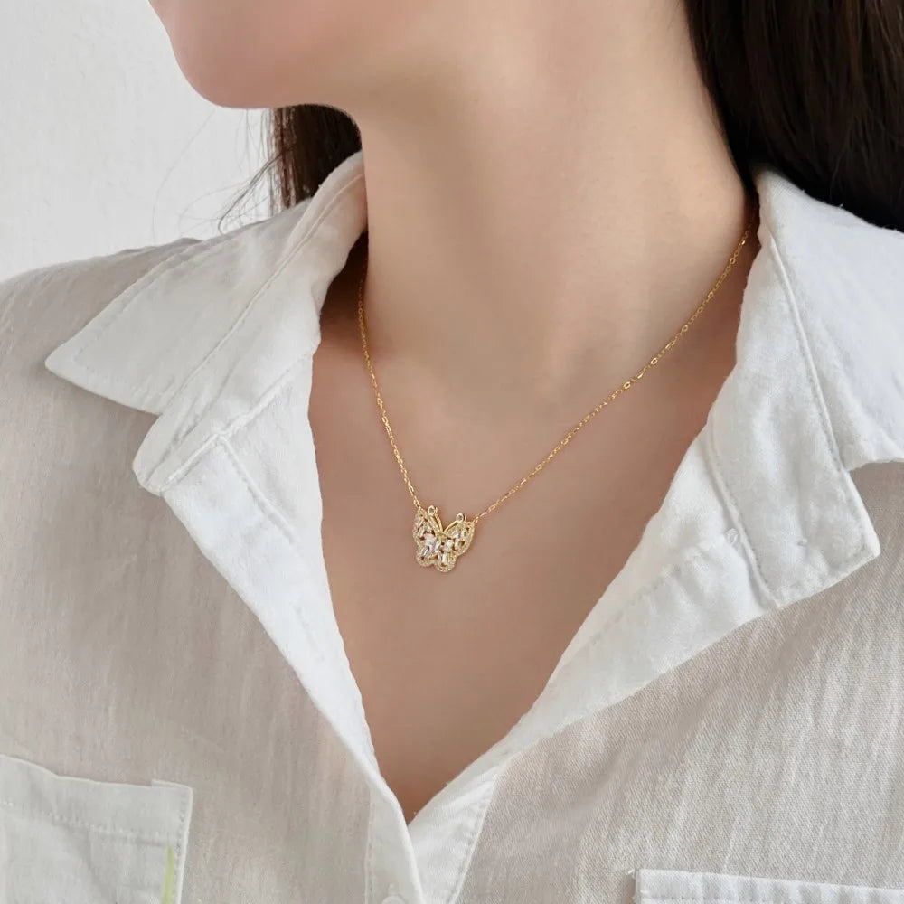 Silver Zircon Marquise Cut Iced Butterfly Pendant Necklace