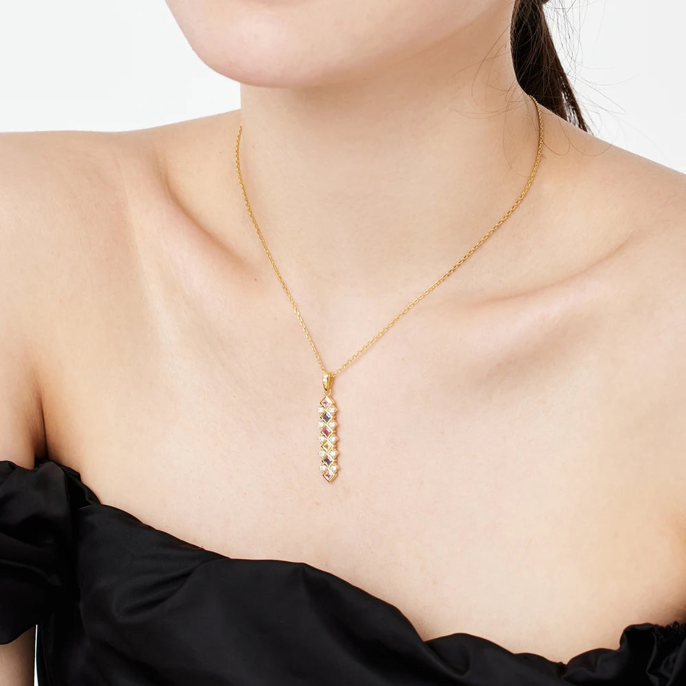 Silver Zircon Princess Cut Irregular Line Bar Necklace