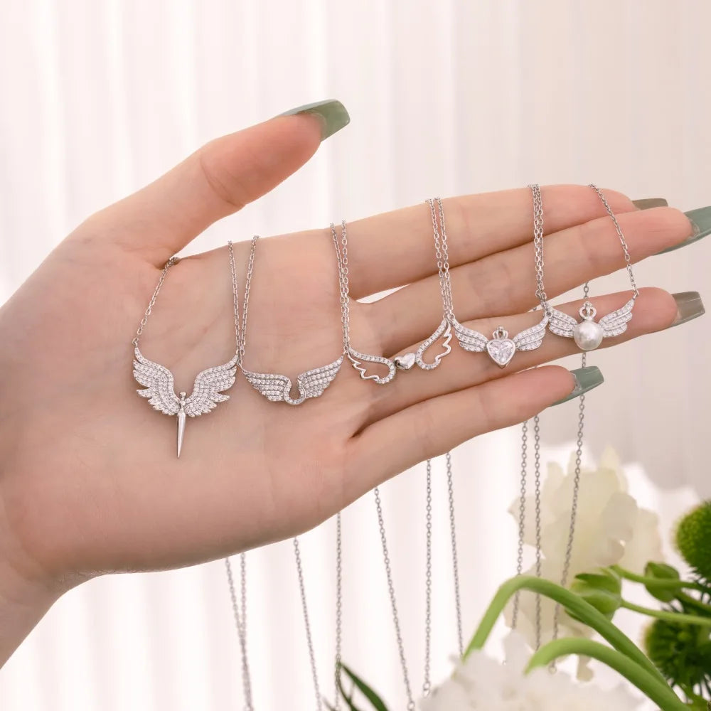 Silver Zircon Round Cut Inlaid Heart Wings Bar Necklace