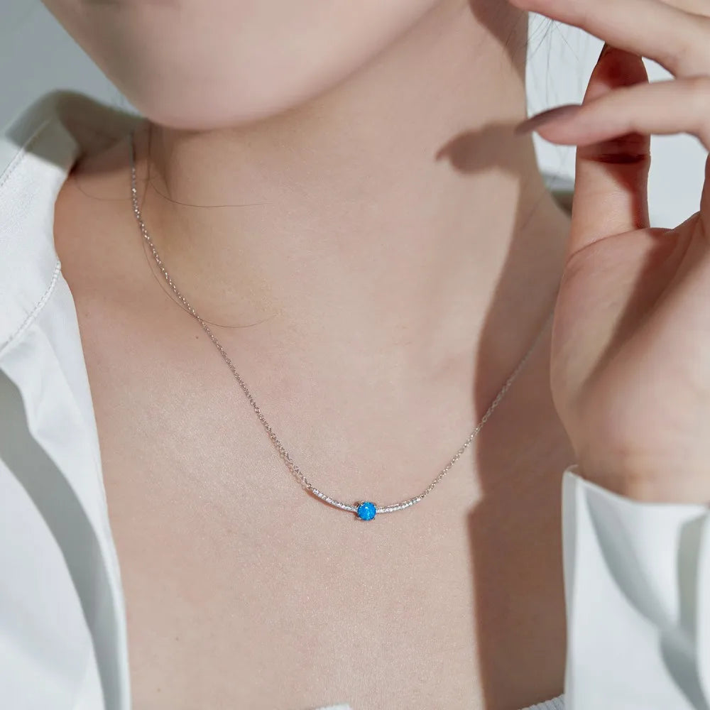 Silver Opal Round Cut Single Bar Necklace
