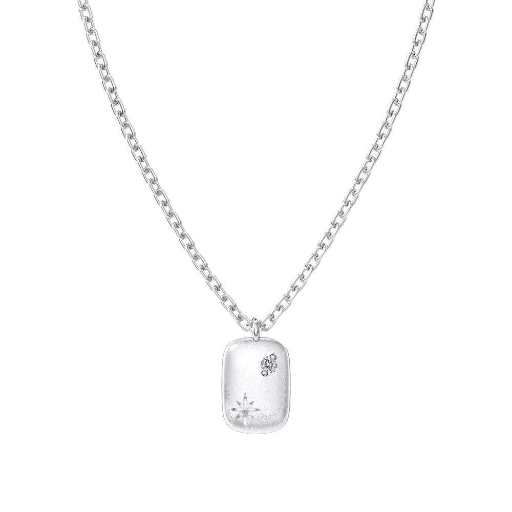 Silver Zircon Round Cut Brushed Tag Pendant Necklace